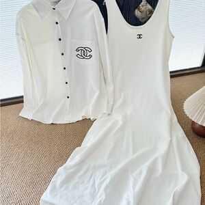 NWT Chanel White Two-Piece Set: Oversized Button-Down Shirt + Maxi Tank Dress